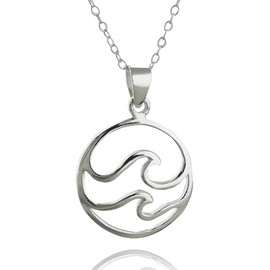 FashionJunkie4Life Sterling Silver Two Ocean Waves in Circle Pendant Necklace, 18" Chain