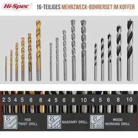 Hi-Spec Juego de Brocas de 16 Piezas en Estuche Compacto de Acero Multiuso. HSS con Revestimiento de Titanio, Brocas de Punto de Centrado para Hormigón, Metal, Madera, Plásticos y Ladrillos