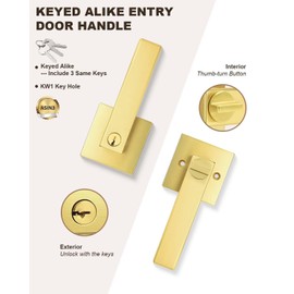 NIZADO 3 Pack Entry Door Handle with Lock and Keys, Gold Keyed Alike Interior Door Lever, Square Exterior Door Lock Set, Reversible Handle
