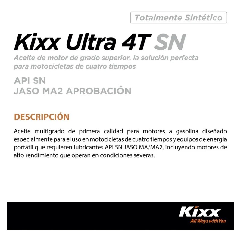Aceite Moto Sintético Kixx Ultra 4t Sn/ma2 10w-40, 1l
