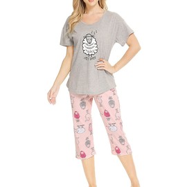 CHUNG Women Cotton Pajamas Set Capri Super Cute Comfortable Sleepwear Plus Size S-3XL,Gray Sheep,L