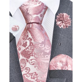 GUSLESON 3.15"（8cm） Mens Paisley Tie and Lapel Pin Necktie Hankerchief Cufflinks Set for Men, Dusty Rose, general