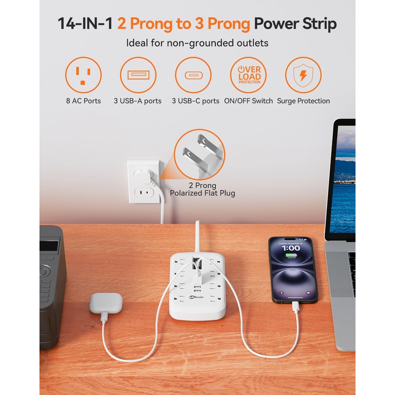 2 Prong Power Strip, OKLEEIC 2 Prong to 3 Prong