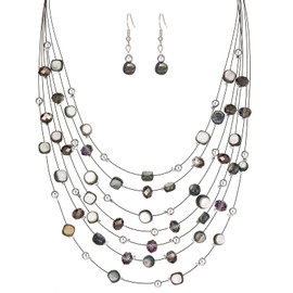 Multi-Layer Boho Shell Beaded Necklace for Women Colorful Crystal Strand with Silver Beads Statement Collars Necklace and Earrings Costumes Jewelry Sets for Women(Black)