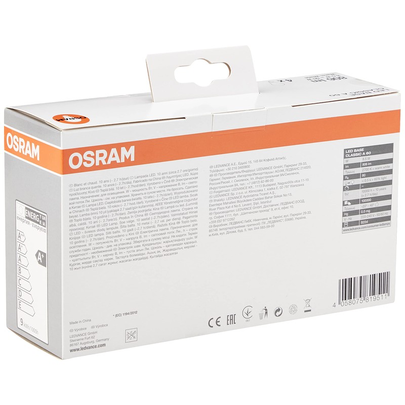 Osram LED Base Classic A Lampe, in Kolbenform mit B22d-Sockel,