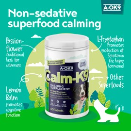 A-OK9 Calm-K9 Calming Supplement for Dogs - 60 Tablets - Aids Anxiety Relief, Fireworks, Stress & Barking - Improves Reactive Behaviour - Natural Ingredients - For All Ages & Breeds