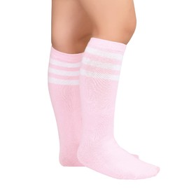 Zando Kids Child Cotton Three Stripes Sport Soccer Team Socks Uniform Tube Cute Knee High Stocking for Boys Girls D Pink w White One Size for 3-5T