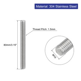 QUARKZMAN Pack of 4 Fully Threaded Spindle, M10 x 80 mm, 304 Stainless Steel, Right-Hand Thread, Threaded Rods, M10-1.5 Thread Pitch for Furniture and Machine Assembly