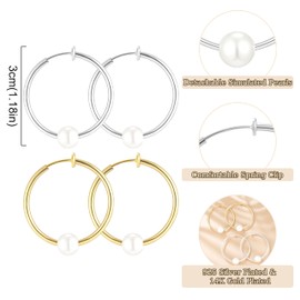 QUKE 2 Pairs 3CM Clip On Spring Hoop Earrings Simulated Freshwater Pearl Non Pierced Ears Earrings Hoops for Women Girls