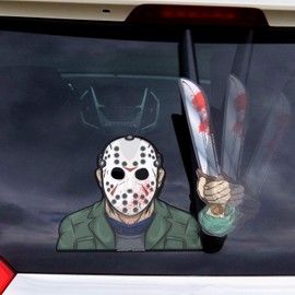 Hockey Masked Machete Killer WiperTags with decal attaches to rear vehicle wiper accessory. All weather resistant and UV protected. Quality made in USA.