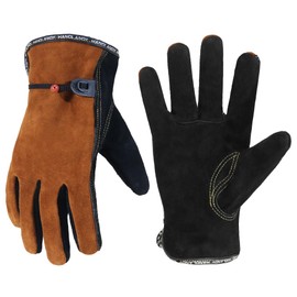 HANDLANDY Leather Work Gloves for Men and Women, Utility Tough Cowhide Glove for Gardening, Wood Cutting, Welding, Construction, Chainsaw, Truck Driving, Yard Working etc. - Black Camel, Medium