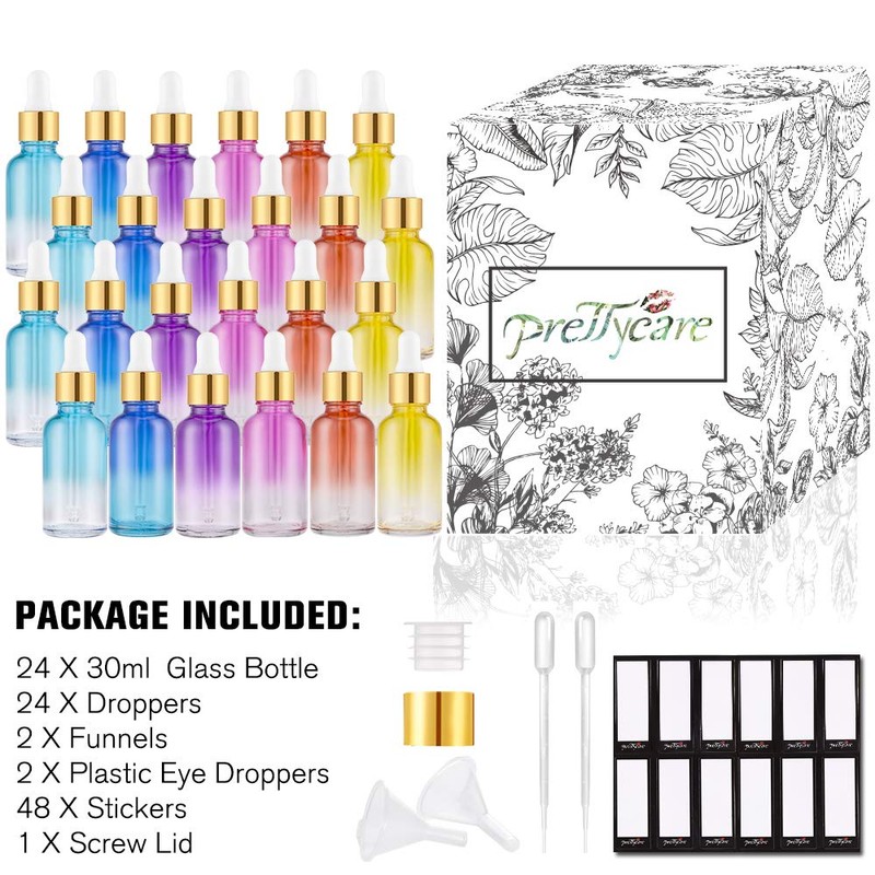 PrettyCare Glass Eye Dropper Bottles 24 Pack, 1oz (30ml) Rainbow