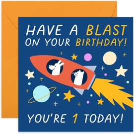Old English Co. 1st Birthday Card for Boy or Girl - Rocket Space Stars Birthday Card for Child - First Birthday Card for Him or Her - Age One 'Have a Blast' Birthday Card | Blank Inside Envelope