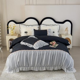 MOOWOO Chic Ruffle Lace Full Duvet Cover Set-Princess Girl Bedding-3 Piece Comforter Duvet Cover with Zipper Closure,Coquette Room Decor-Black,Full Size