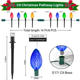 2 Pack C9 Christmas Pathway Lights,Outdoor Pathway Stake Lights with 4 Jumbo C9 Multi-Color LED Bulbs Connectable Christmas Walkway Lights for Holiday Outside Yard Garden Lawn Christmas Decoration