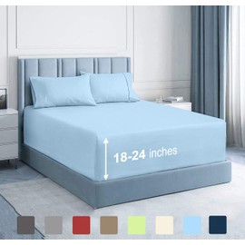 Queen Extra Deep Pocket Sheets Sets 4 Piece, Extra Deep Pocket Sheets 400 Thread Count 100% Egyptian Cotton Extra Deep Pocket Fitted Sheet Fit Upto 18 to 24 Inch High Mattress Light Blue Solid