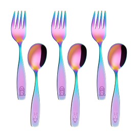 ANNOVA Kids Silverware Children's Safe Flatware Set Stainless Steel - Children Forks And Dinner Spoons, Toddler Utensils, Metal Cutlery Set for LunchBox (Engraved Dog Bunny) (UV Rainbow, 6 Pieces)
