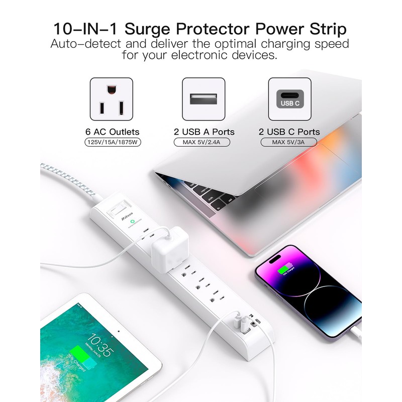 Mifaso Surge Protector Power Strip 10FT, Flat Plug, 6 AC