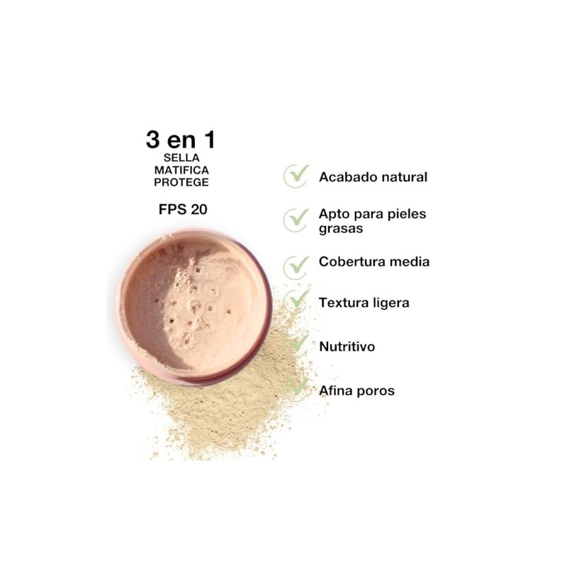 Polvo matificante, control de grasa, Avena, Arroz, Caléndula, Vitamina C,