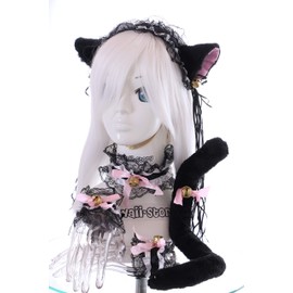 Kawaii-Story C-12-6 Black White Gothic Lolita Maid Cat Ears Headband Collar Bracelet Tail Set Cosplay