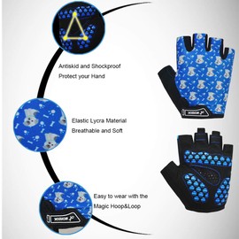 MOREOK Kids Cycling Gloves,Gel Padding Bicycle Half Finger Pair Dog Bars, Fit Boy Girl Youth Age 2-11, Outdoor Sport Road Mountain Bike Gloves Blue-L
