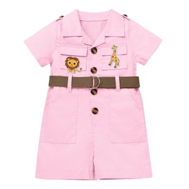 Baby Safari Outfit Baby Girl Pink Zookeeper Jumpsuit Short Sleeve Safari Romper with Safari Hat Toddler Girl Zookeeper Outfit Wild One Birthday Outfit Girl Light Pink 0-6 Months