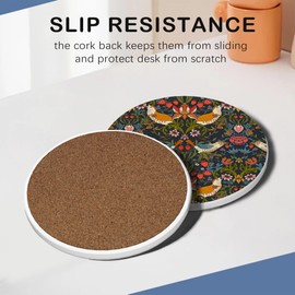 William Morris Floral Set of 6 Coasters Absorbent Ceramic Drink Mats with Cork Base & Metal Holder, Spill Protectors for Mugs/Cups, Cheerful Home/Bar Decor