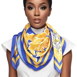 Valencia's DTF Delight Wear Sigma Gamma Rho Sorority Scarf – Gold and Blue Silky Square with Shield & L