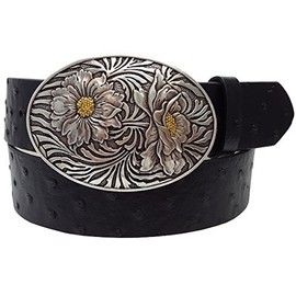 Western Oval Buckle with Ostrich Print belt in Black S/M