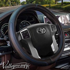 Valleycomfy Steering Wheel Covers Universal 15 inch - Genuine Leather, Breathable, Anti Slip & Odor Free (04-Blue, L(15" 1/2-16"))