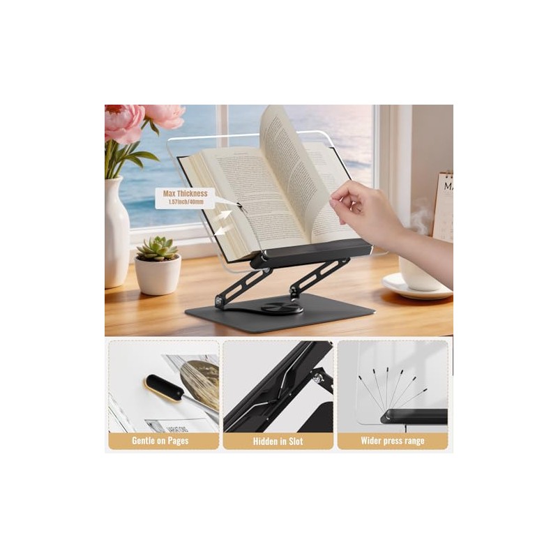 HAUTOCO Adjustable Acrylic Book Stand for Reading, 360° Rotating Base,