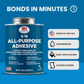 S-18 All-Purpose Adhesive, 16 oz. can - Multi-Purpose, Rubber, Metal, Leather, Felt, Wood, Neoprene, Glass, Flexible, Waterproof, Long Lasting - RH Adhesives