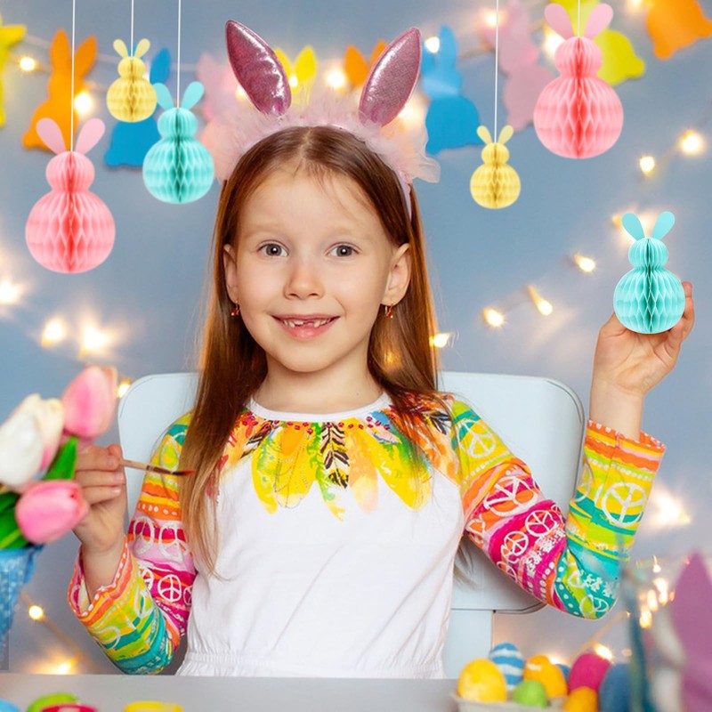 QILUCKY 6 PCS Easter Hanging Decorations,Easter Bunny Decorations,Rabbit Honeycomb Paper
