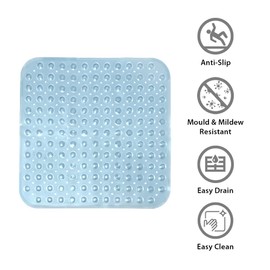 ANSIO® Shower Mats Non Slip Anti Mould Bath Mat for Bathroom Bathtub PVC Shower Mat with Drain Holes & Suction Cups Machine Washable 54 x 54 cm / 21.2 x 21.2 inches -Transparent Blue)