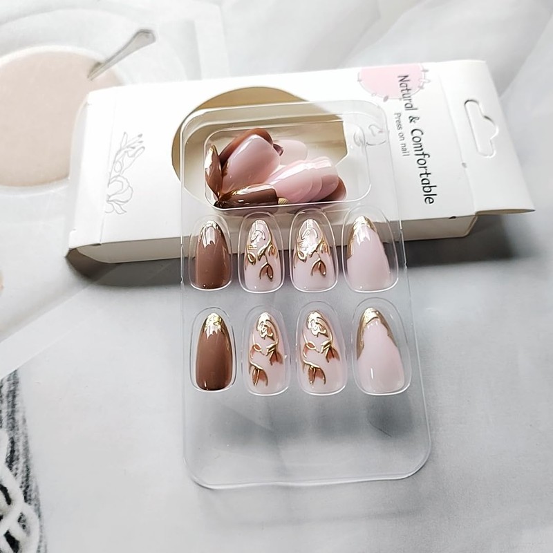 24 Pcs Gold French Press on Nails Short Almond Fake