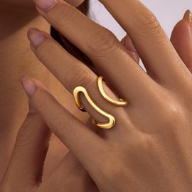 Gelbesty Gold Statement Rings for Women Non Tarnish, 14K Gold Chunky Open Stackable Rings Fashion Adjustable Waterproof Pinky Knuckle Signet Stainless Steel Jewelry Size 8