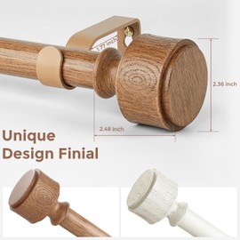 Wood Curtain Rods for Windows 48 to 84 Inch, Adjustable Decorative 1'' Diameter Heavy Duty Curtain Rod with Modern Faux Wood Grain Finials, Rustic Farmhouse Bedroom Boho Drapery Pole