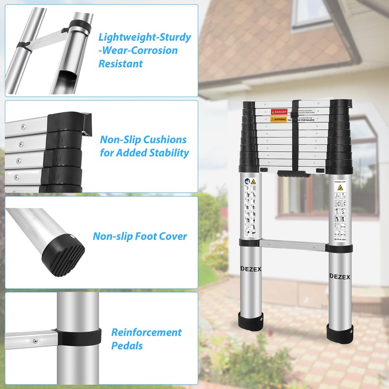 DEZEX 10.5 FT Aluminum Telescoping Ladders - One-Button Retraction Collapsible