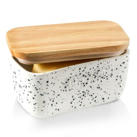 KOOV Porcelain Large Butter Dish with Lid for Countertop, Airtight Butter Container with Oak Lid, Butter Crock, Perfect for 2 Sticks of Butter, Splash Series (Splashed White, 6 inch)
