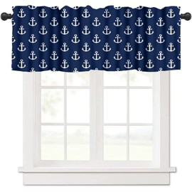 JADERYS Anchor Valance Curtains Vintage Rustic Ocean Nautical Style Navy Blue White Rod Pocket Curtain Valance for Kitchen Bedroom Living Room Decor 1 Panel W54xL18 Inch