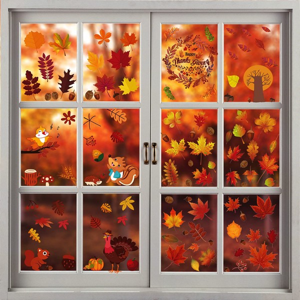 Autumn Window Pictures, Autumn Leaves Window Stickers, Thanksgiving Window Stickers,