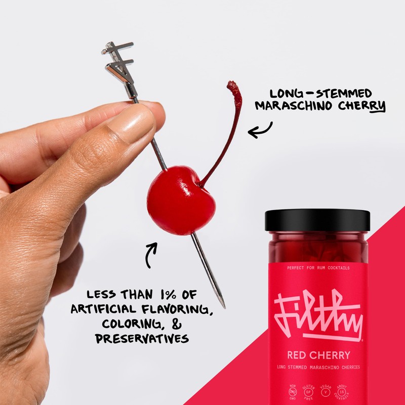 Filthy Red Maraschino Cocktail Cherries, Premium Cocktail Garnish, Long Stemmed