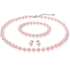 Elunix 8mm Pearl Necklace Set - Necklace Bracelet Earrings Trio for Women and Girls, Faux Pearl Jewelry Set for Wedding, Party, Daily Fashion (Pink 14.5 inches)