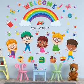 Welcome Rainbow Wall Stickers for Kids – “You Can Do It” Quote with Butterflies, Stars & Handprints – Removable Vinyl Decals for Nursery, Classroom & Playroom Daycare Decor