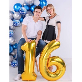 AULE 40 Inch Jumbo Gold Foil Mylar Number Balloons for Boy Girl 16th Birthday Party Decorations 16 Years Old Anniversary Party Supplies