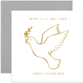 Old English Co. Gold Foil Dove Christening Day Card for Him or Her - Thoughtful Christening Day Card for Boy or Girl - Religious Faith Special Day Greeting Card for Family | Blank Inside with Envelope
