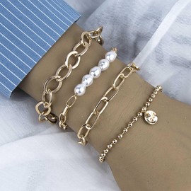 TseenYi Boho Layered Bracelet Set Gold Chain Bracelet Sets Baroque Pearl Stacked Bracelet Tiny Beads Chain Bracelet Bangle Jewellery for Women and Girls Gift Valentine's Day Christmas