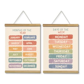 Educational Wall Art Months of the Year & Days of the Week Wooden Hangers Canvas Set 12"x16", 2-Piece Wall Hanging Watercolor Canvas Decor, Classrooms Nurseries Kids Room Early Learning Decor
