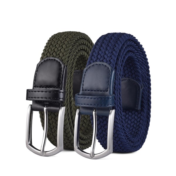 Weifert Men's Stretch Woven 1.3" Wide Elastic Braided Belts (2pack-Green/Navy,