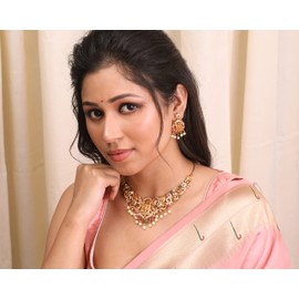 TARINIKA Antique Gold Plated Samaira Short Necklace Set with Floral Design - Indian Jewelry Sets for Women | Perfect for Ethnic Occasions | Traditional south Indian necklace | 1 Year Warranty*
